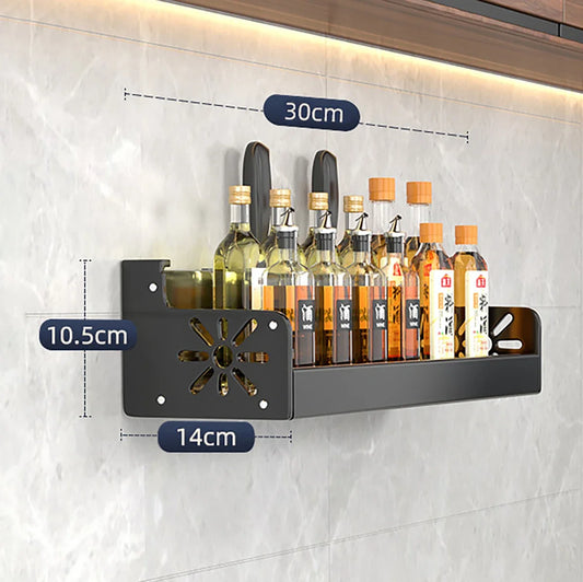 Étagère murale cuisine sans perçage – Rangement métal 30 cm, support bouteilles et couteaux en métal noir, fixation sans perçage