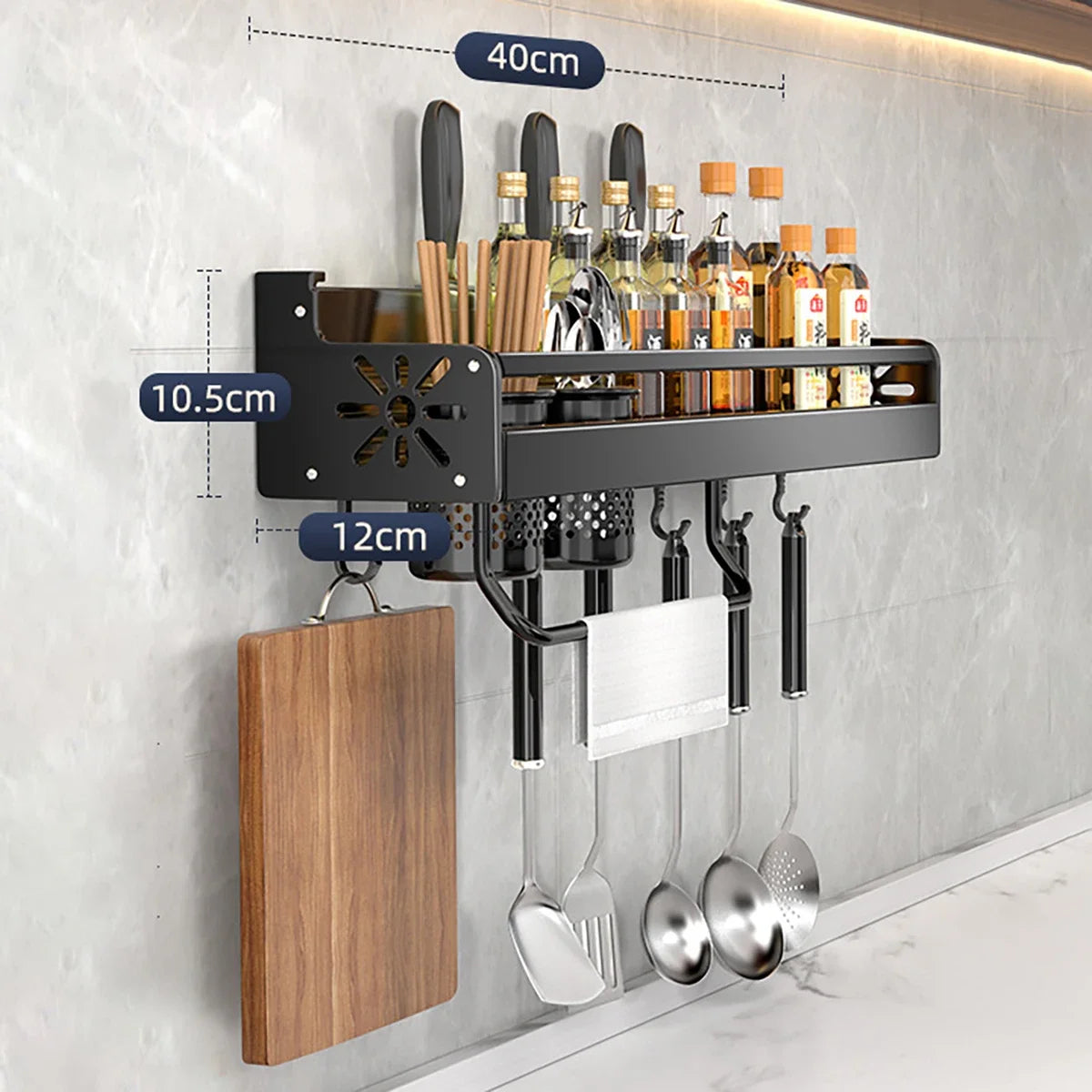 Étagère murale cuisine sans perçage – Rangement métal pour condiments, bouteilles et ustensiles avec crochets