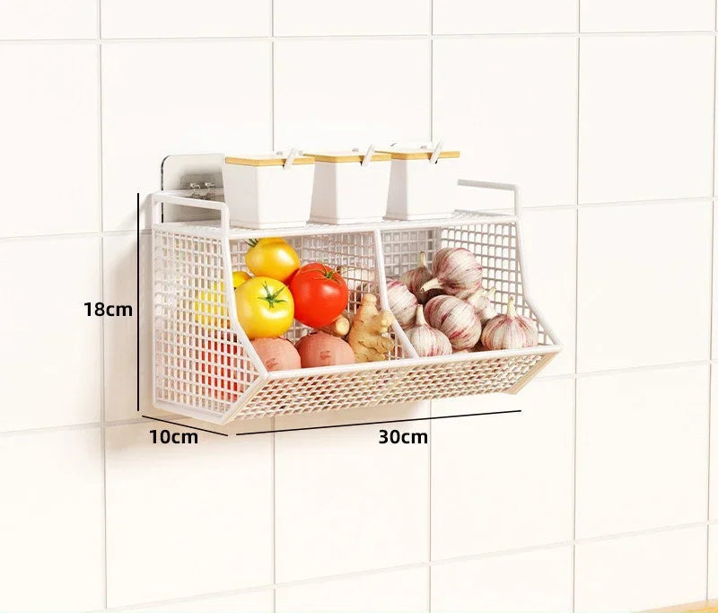 Panier de Rangement Mural Cuisine – Acier Durable. Panier mural blanc 3 compartiments en acier pour légumes 30x10x18cm