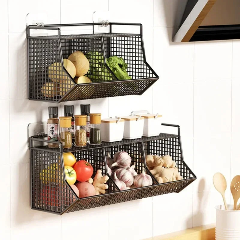 Panier de Rangement Mural Cuisine – Acier Durable: double panier en acier noir pour fruits légumes et épices monté au mur