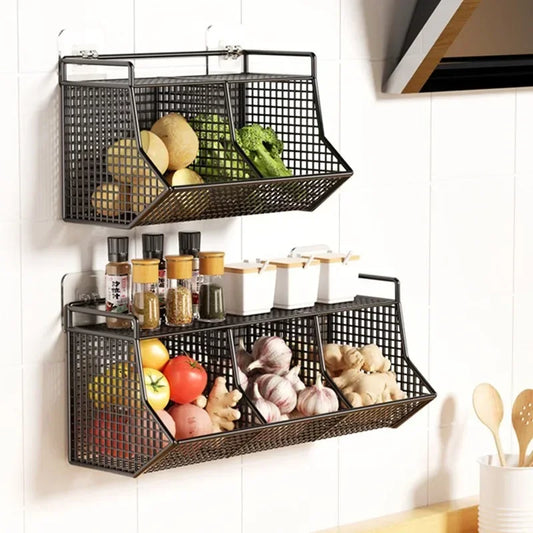 Panier de Rangement Mural Cuisine  – Acier Durable: double panier en acier noir pour fruits légumes et épices monté au mur