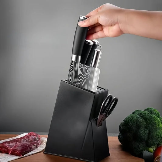 Porte Couteaux Antidérapant — Support Cuisine Durable bloc noir moderne avec couteaux et ciseaux main retirant un couteau