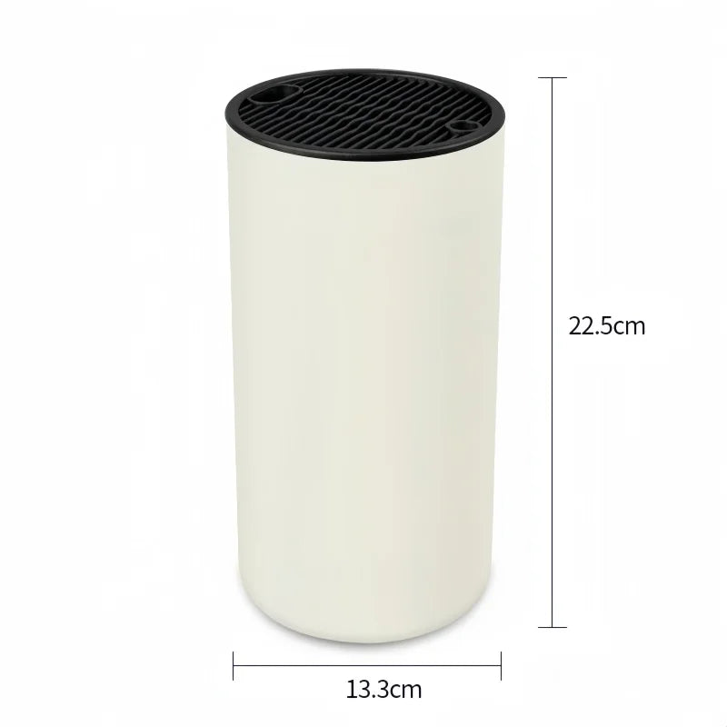 Support cylindrique crème avec couvercle noir à fentes, 22.5x13.3 cm, Porte Couteaux Antidérapant — Support Cuisine Durable