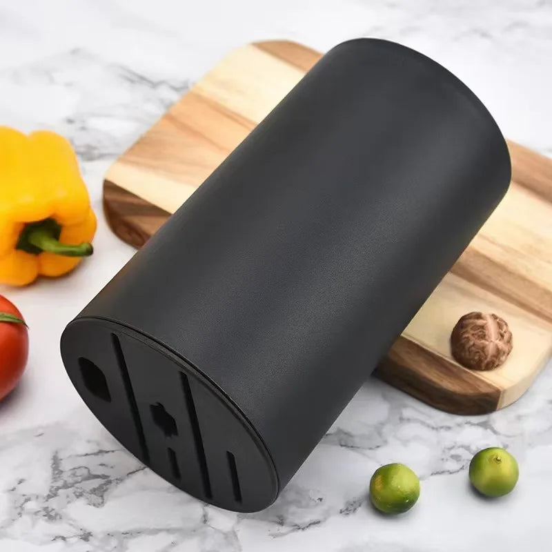 Support noir cylindrique pour couteaux posé sur planche avec légumes Porte Couteaux Antidérapant — Support Cuisine Durable