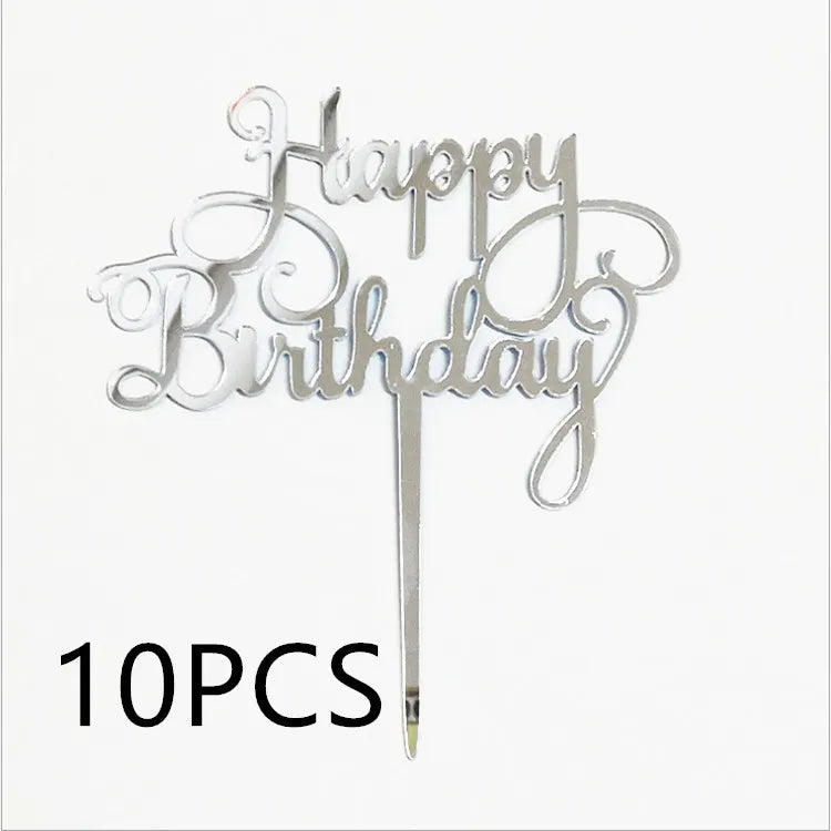 Décoration de Gâteau Acrylique – Lot de 10 Cake Toppers avec inscription Happy Birthday en métal argenté