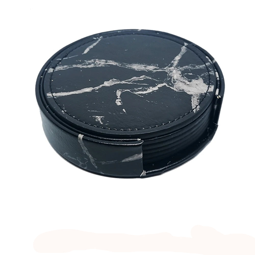 Dessous de Verre Cuir Effet Marbré Lot 6 Support en cuir noir avec motif marbré élégant