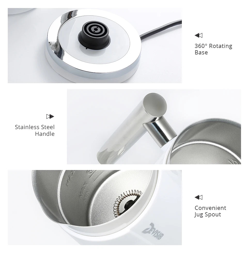 Mousseur à Lait Électrique DEVISIB 3-en-1 300ml 500W avec base tournante et poignée en acier inoxydable