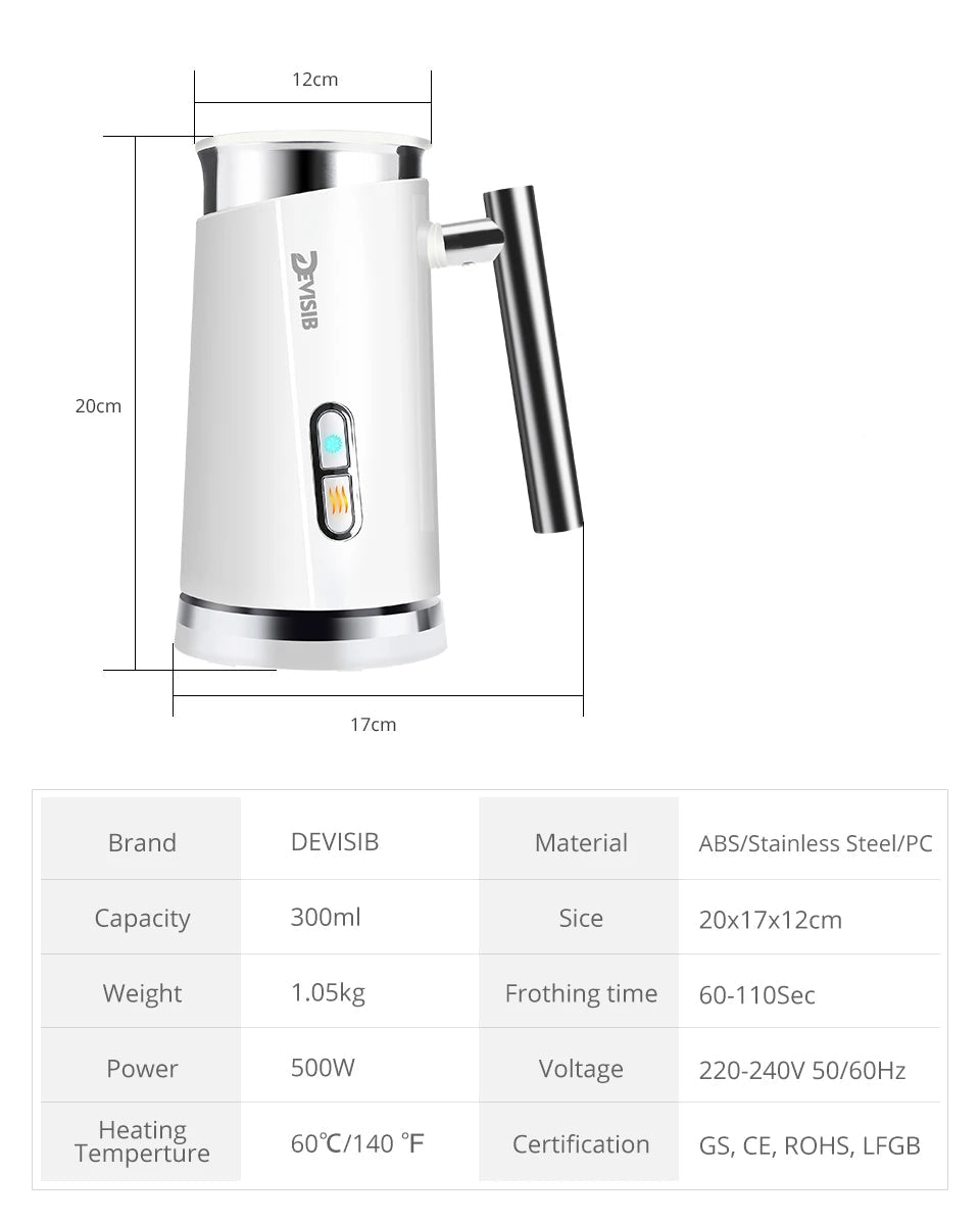 Mousseur à Lait Électrique DEVISIB 3-en-1 300ml 500W en acier inoxydable avec poignée ergonomique