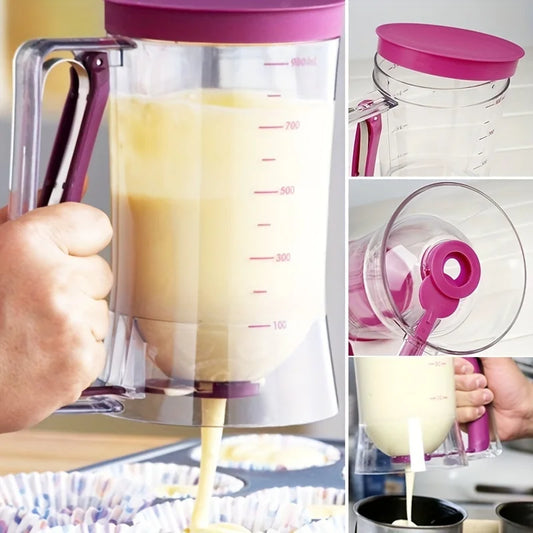 Distributeur de Pâte 900 ml transparent avec poignée violette utilisé pour verser de la pâte à muffins