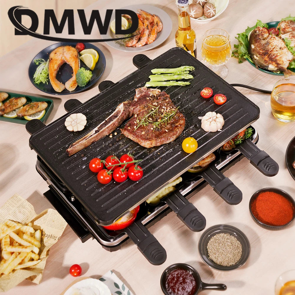 Appareil à Raclette – Plaque Fonte Antiadhésive avec viande grillée et légumes frais sur la table