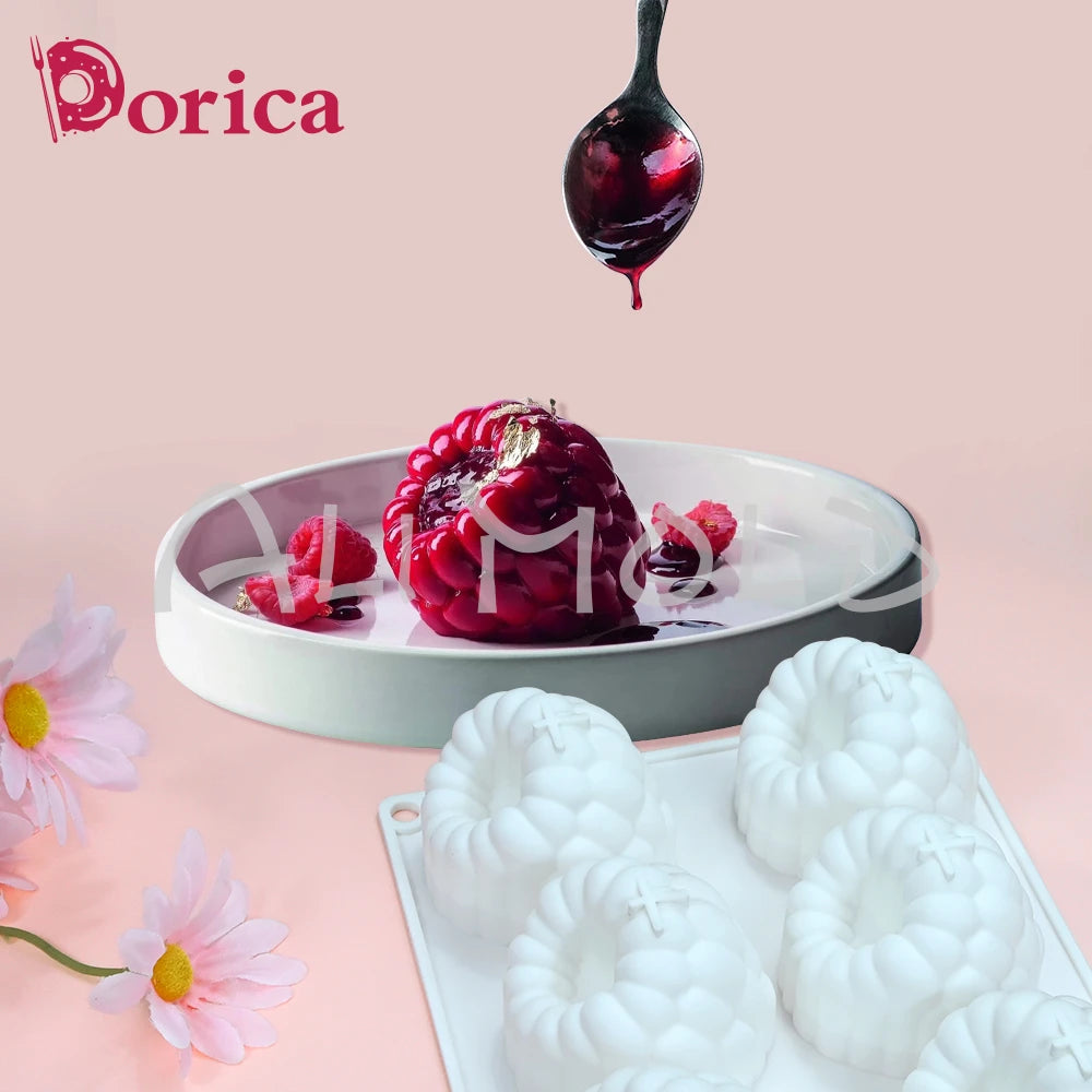 Moule Silicone Framboise 3D – Trompe-l’Œil Réaliste avec dessert framboise rouge et fleurs roses