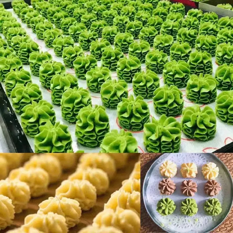 Douilles à Pâtisserie Inox pour Décoration – 4 Pièces avec des motifs de crème colorée sur pâtisseries