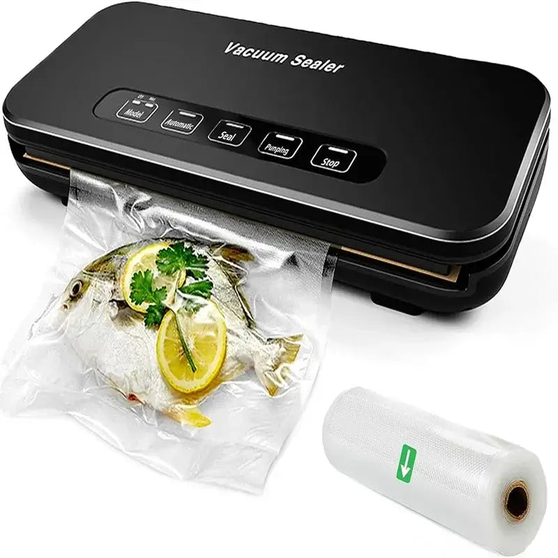 Machine Sous Vide DUTRIEUX noire en fonctionnement avec poisson frais emballé sous vide et rouleau de sacs