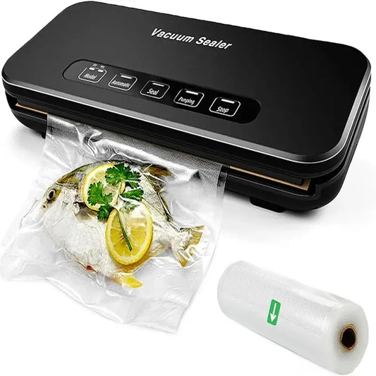 Machine Sous Vide DUTRIEUX noire en fonctionnement avec poisson frais emballé sous vide et rouleau de sacs