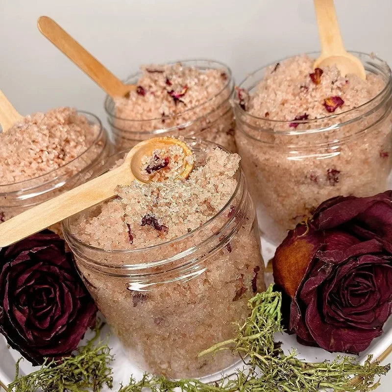 Bocaux de sel parfumé aux pétales de rose, petites cuillères en bois, Cuillères à épices en bois – Lot pratique 10 à 30 pièces.