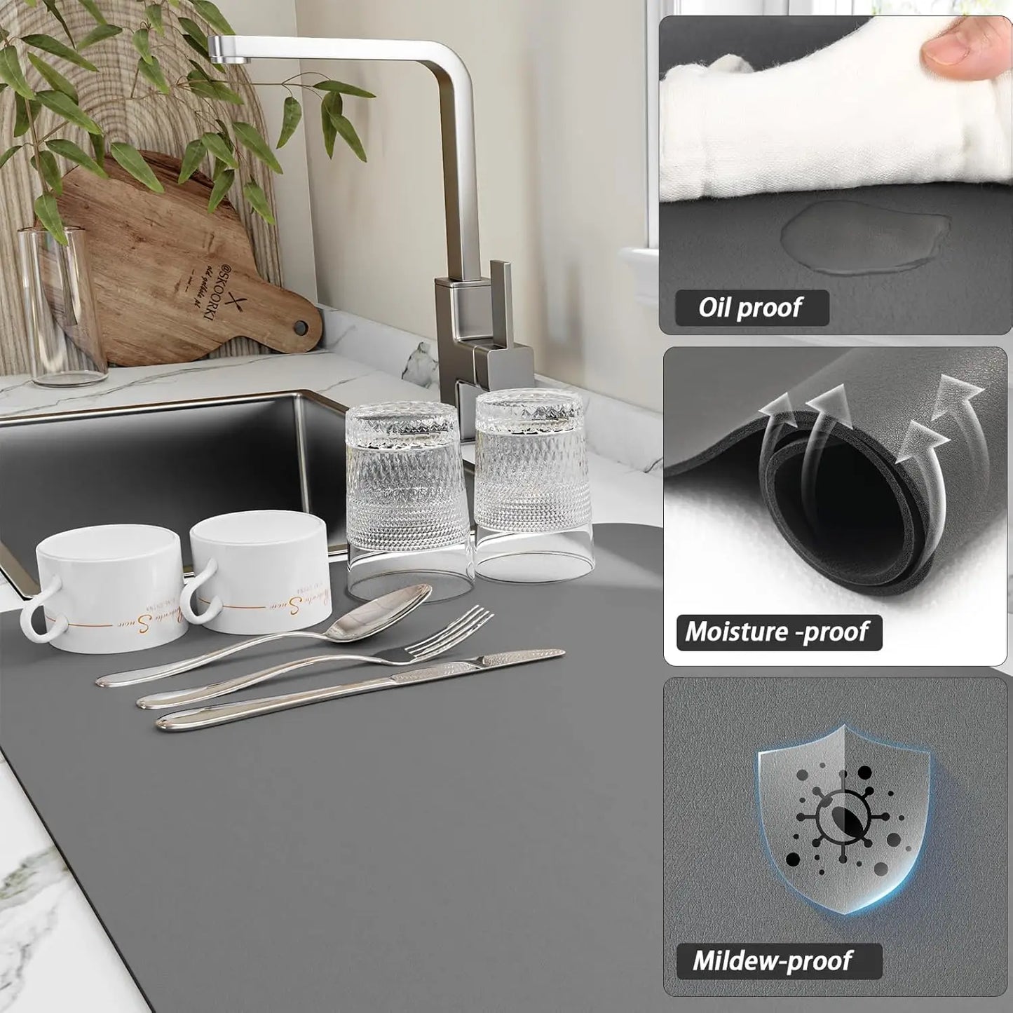 Tapis de Séchage Cuisine – Antidérapant, Écologique. Tapis gris près de l'évier avec verres, tasses et couverts