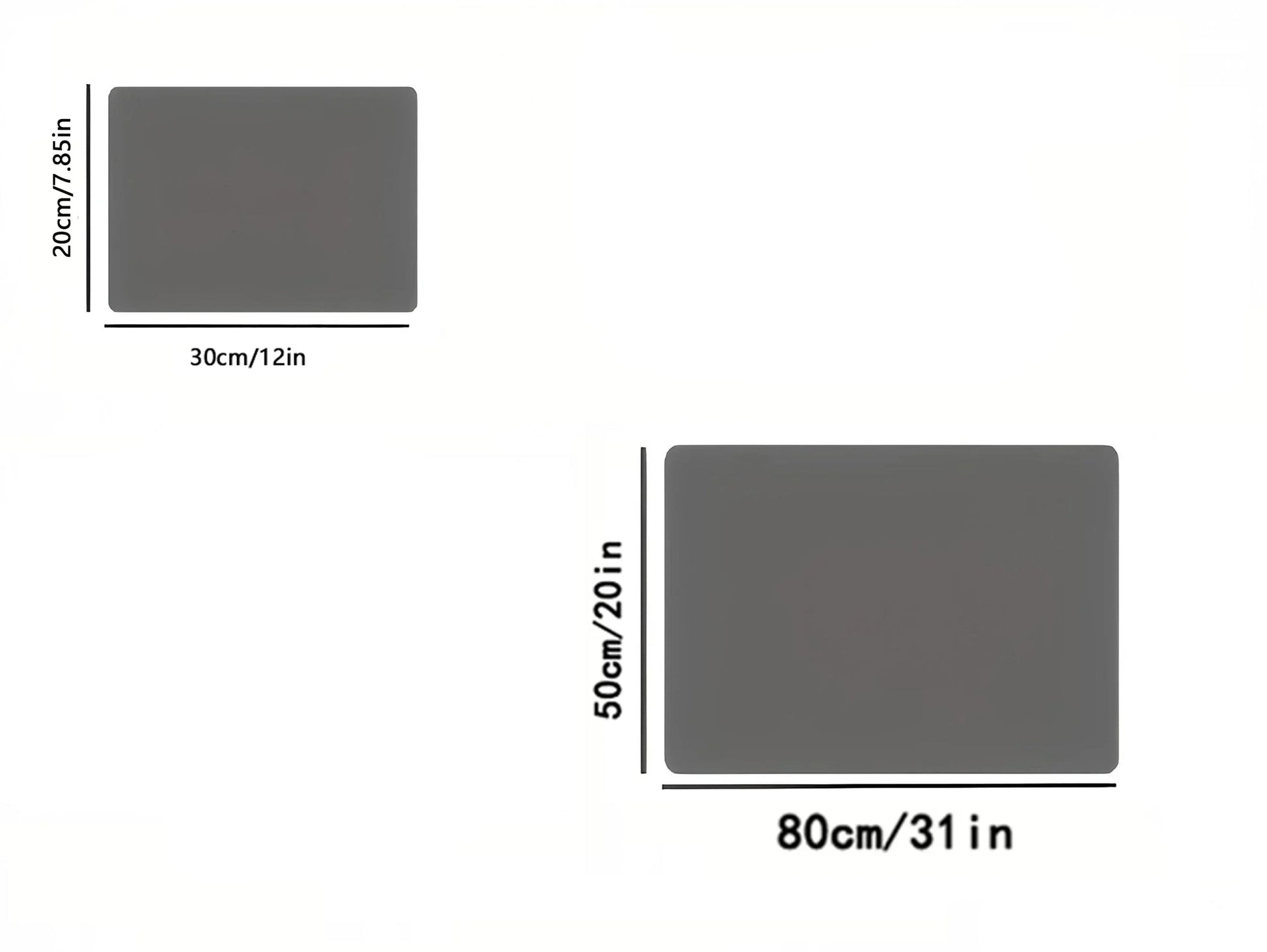 Tapis de Séchage Cuisine – Antidérapant, Écologique. Deux tapis gris montrant les dimensions 30x20 cm et 80x50 cm