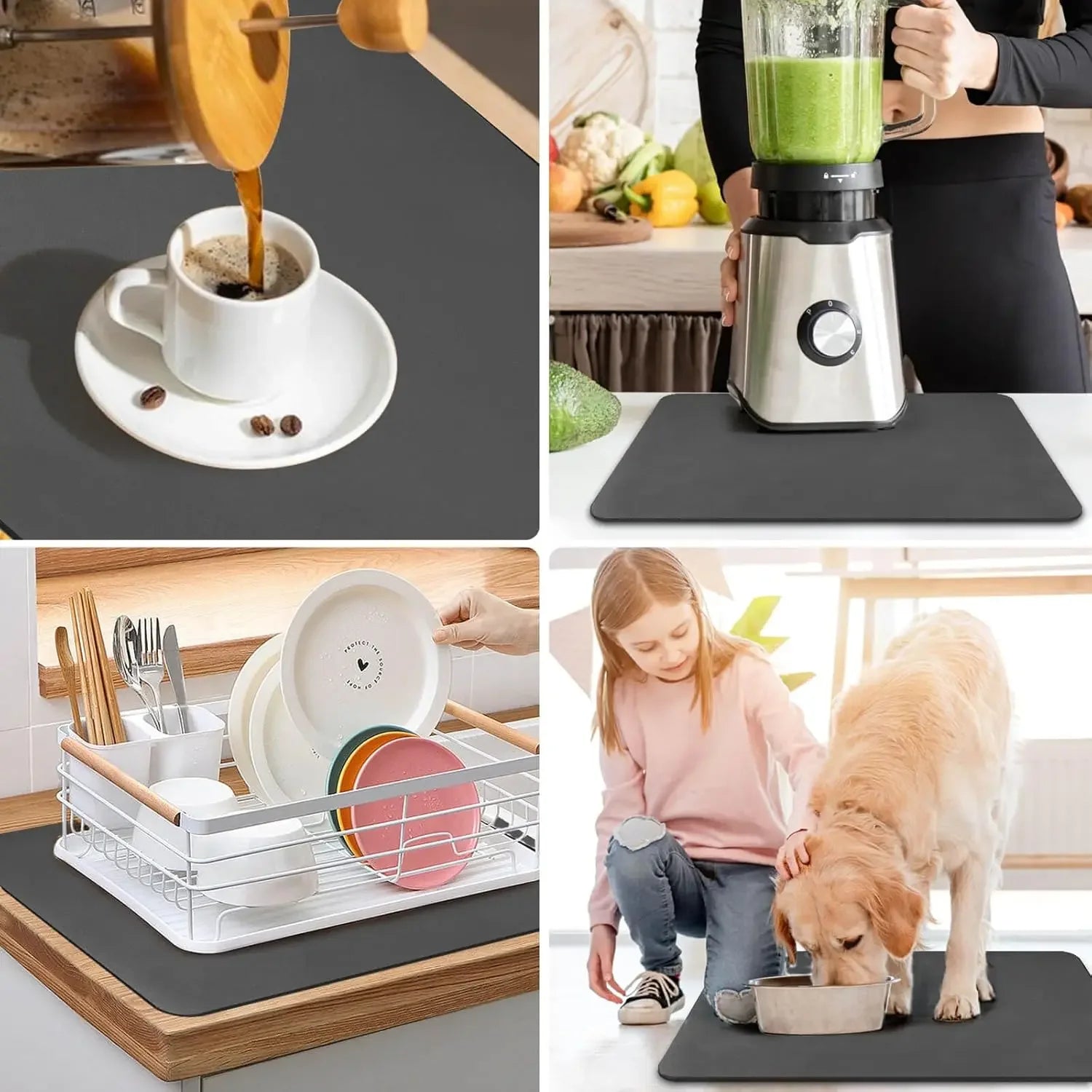 Tapis de Séchage Cuisine – Antidérapant, Écologique. Tapis polyvalent gris pour vaisselle, mixeur, café et gamelle de chien