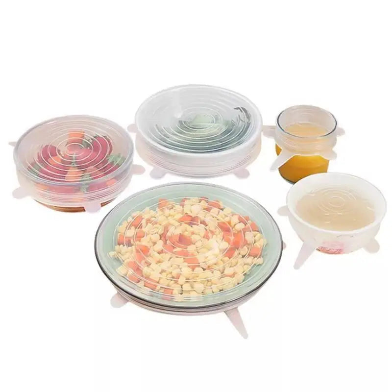 Set 6 couvercles silicone extensibles – Conservation facile. Couvercles en silicone transparents pour bols, bocaux et plats