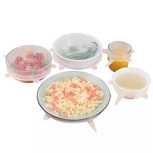 Set 6 couvercles silicone extensibles – Conservation facile. Couvercles en silicone transparents pour bols, bocaux et plats