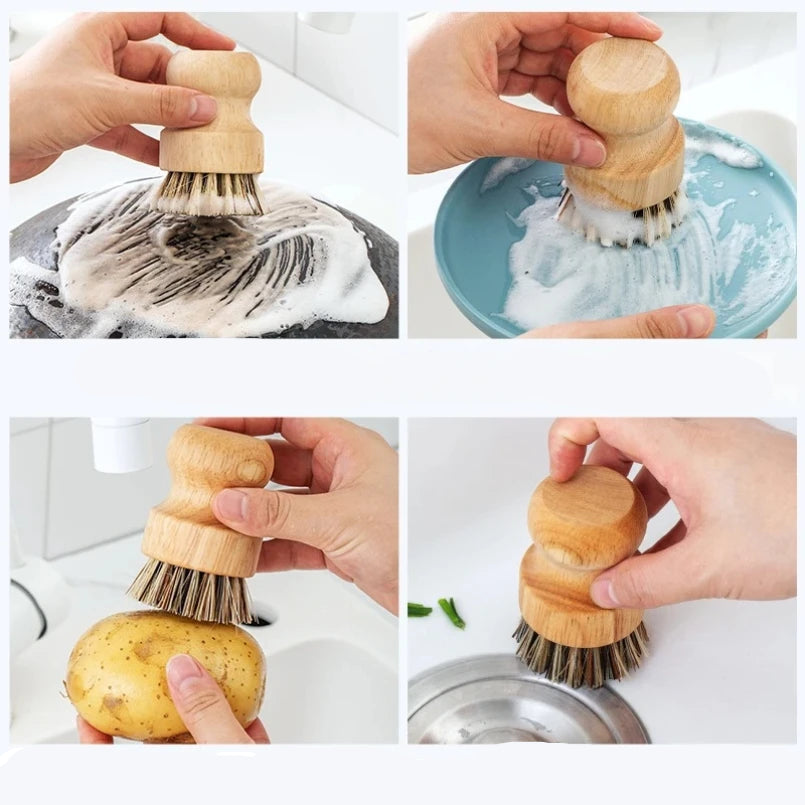Brosse vaisselle écologique en bambou et fibres naturelles. Brosse récurante en bois pour casseroles assiettes et légumes