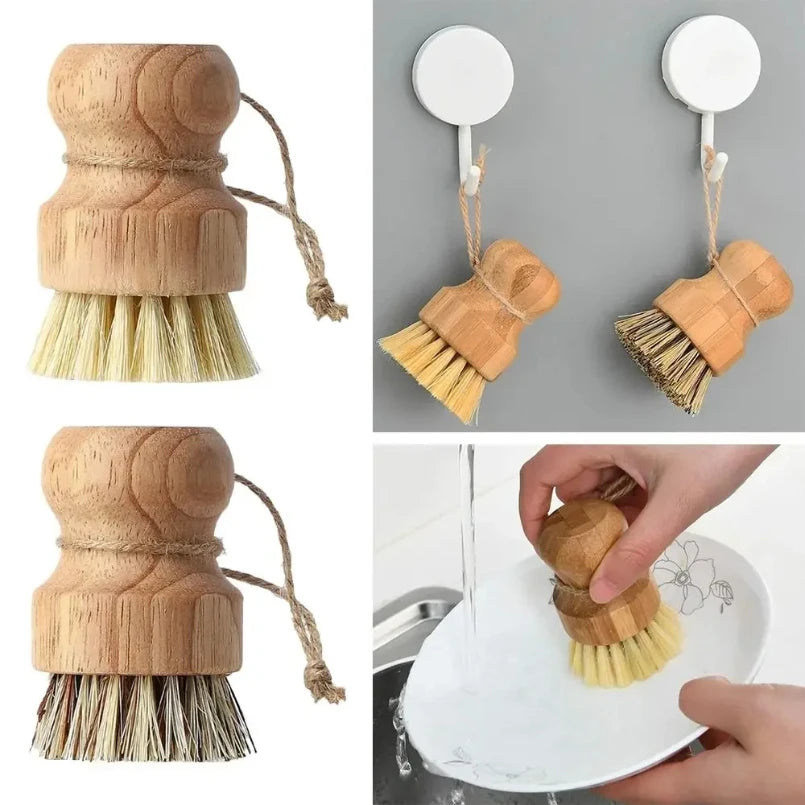 Brosse vaisselle écologique en bambou et fibres naturelles. Brosse ronde en bois avec cordon pour suspendre, idéale pour assiettes