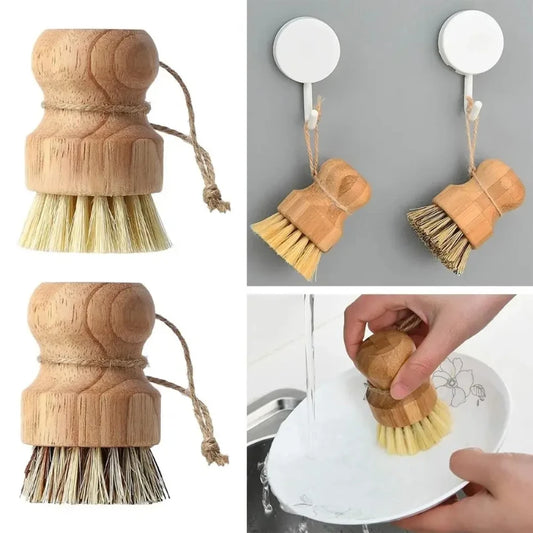 Brosse vaisselle écologique en bambou et fibres naturelles. Brosse ronde en bois avec cordon pour suspendre, idéale pour assiettes
