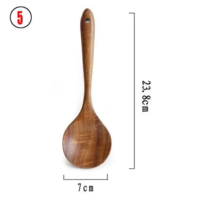 Set d'Ustensiles Cuisine Bois Teck – Durable & Écologique. Cuillère en teck 23,8 cm pour cuisiner, finition lisse poignée perforée