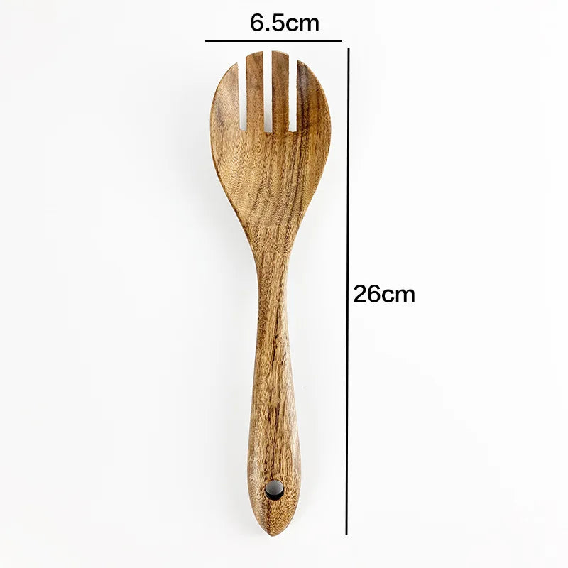 Set d'Ustensiles Cuisine Bois Teck – Durable & Écologique. Cuillère-fourchette en teck 26 cm tête 6,5 cm poignée percée pour salade