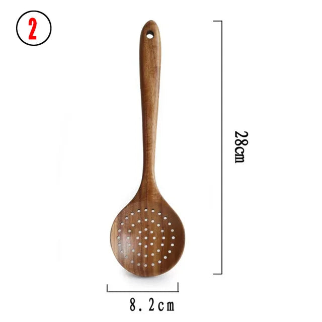 Set d'Ustensiles Cuisine Bois Teck – Durable & Écologique. Écumoire en teck 28 cm, tête 8,2 cm, trous pour égoutter