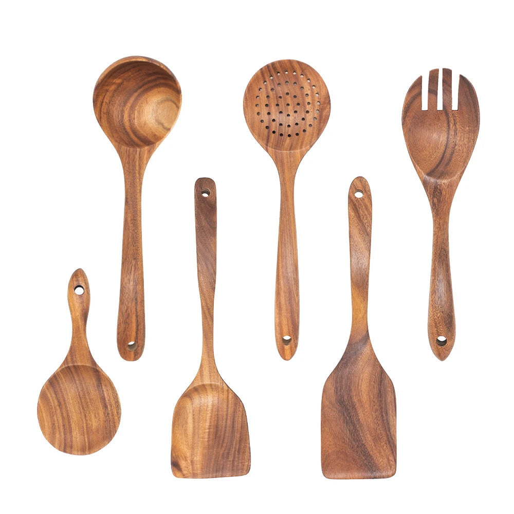Ensemble de 6 ustensiles de cuisine en bois de teck – 1 à 11 pièces comprenant cuillères et spatules