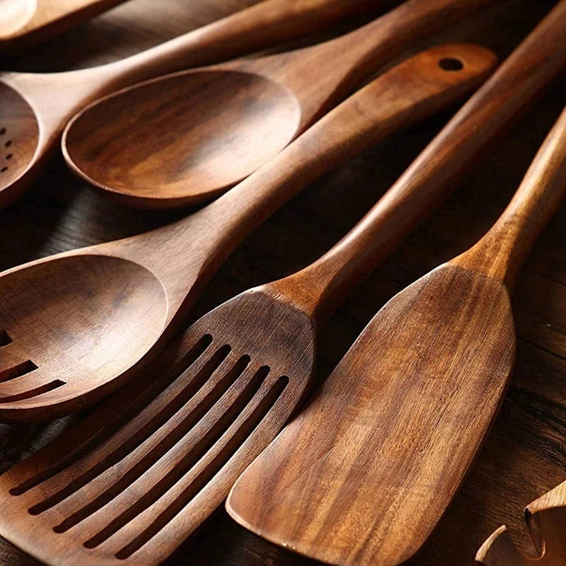 Set d'Ustensiles Cuisine Bois Teck – Durable & Écologique. Lot de cuillères spatules et fourchette en teck poli pour cuisson