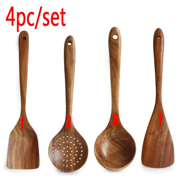 Set d'Ustensiles Cuisine Bois Teck – Durable & Écologique. Ensemble 4 pièces en teck naturel spatule écumoire louche pelle