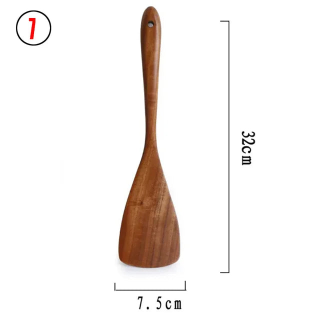 Set d'Ustensiles Cuisine Bois Teck – Durable & Écologique. Spatule en teck 32 cm x 7,5 cm finition lisse pour cuisson