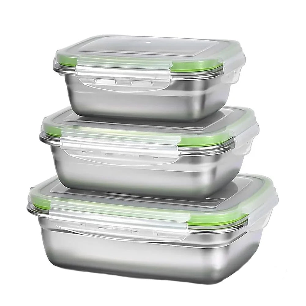 Boîte de Conservation Inox 304 – Étanche & Durable 350-850 ml. Set 3 boîtes empilables en inox avec couvercles hermétiques verts