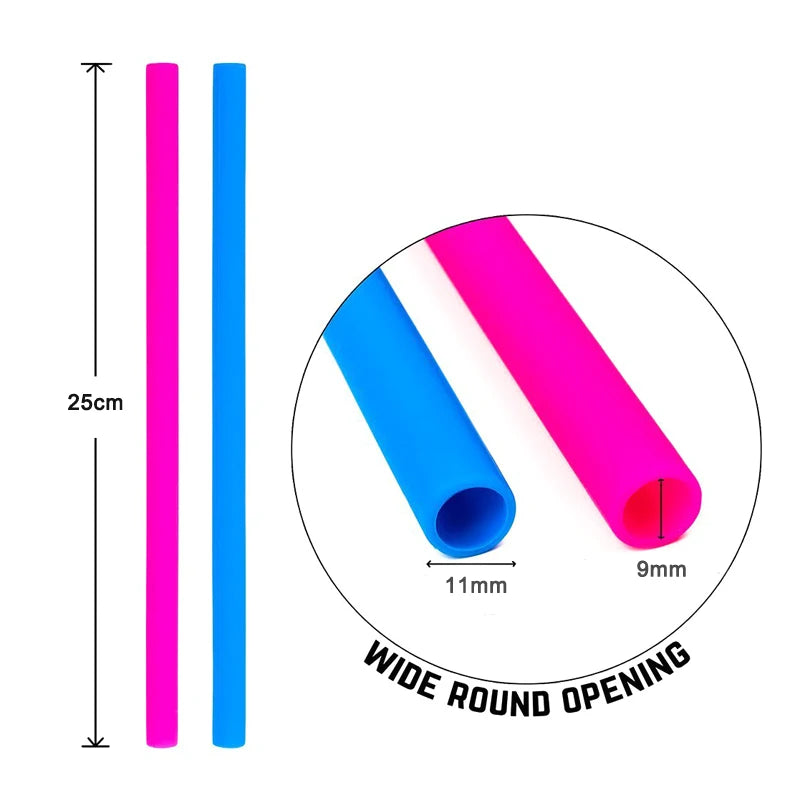 Pailles Réutilisables en Silicone – Lot de 2 avec Brosse, pailles 25 cm bleu et rose, ouverture 9 mm et 11 mm