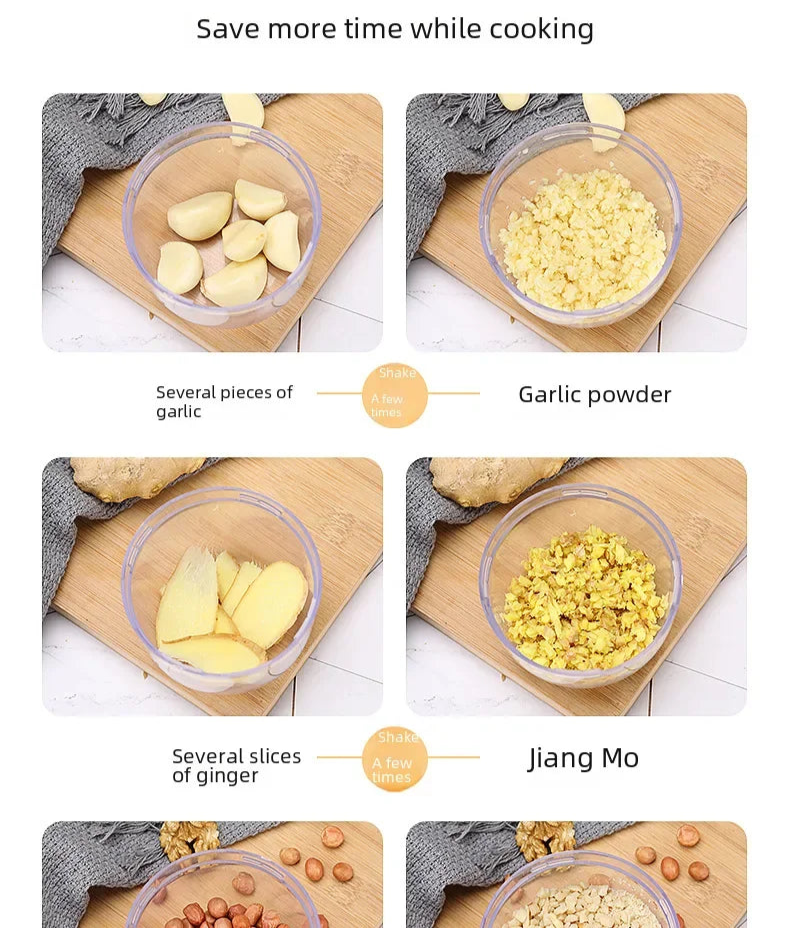 Écrase-Noix Manuel Compact – Broyeur Fruits Secs Durable montrant l’émiettement d’ail et de gingembre dans un bol transparent