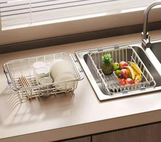 Égouttoir à Vaisselle Extensible Inox pour cuisine avec rangement vaisselle et fruits pratique