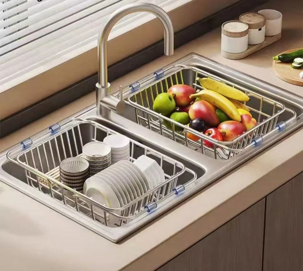 Égouttoir à Vaisselle Extensible Inox double panier pour évier avec fruits et vaisselle