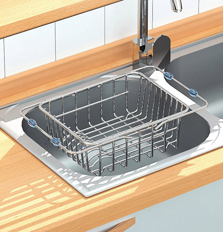 Égouttoir à Vaisselle Extensible Inox Ustensile de chef posé autour d'un évier en acier avec ventouses