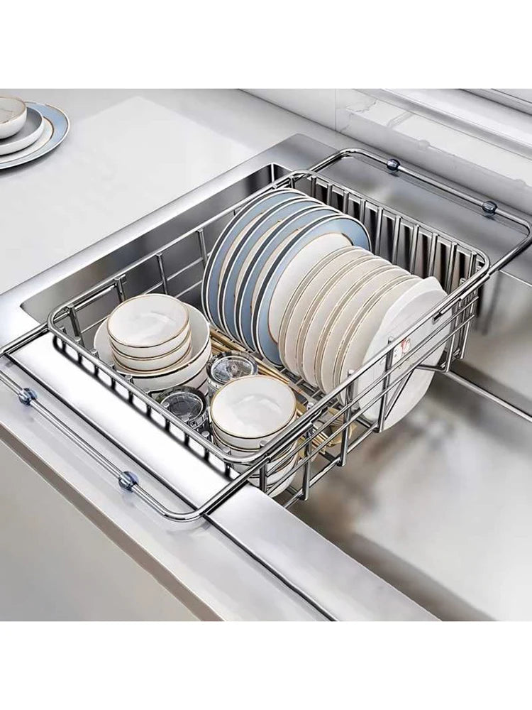 Égouttoir à Vaisselle Extensible Inox Ustensile de chef placé dans l'évier avec assiettes et bols
