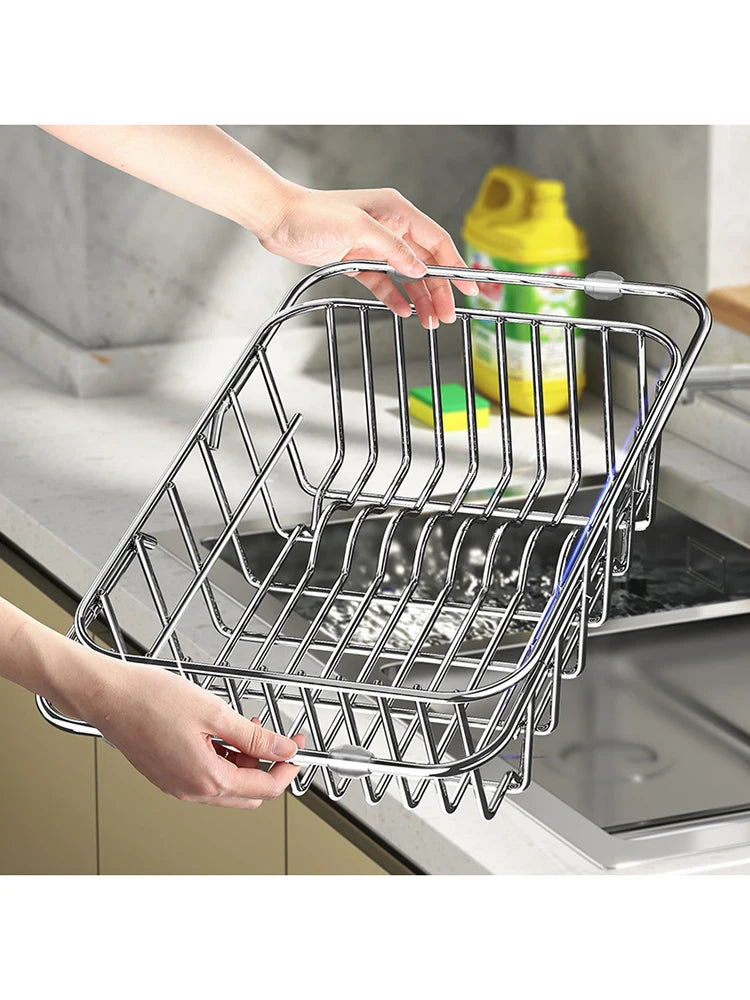 Égouttoir à Vaisselle Extensible Inox en acier inoxydable avec poignée, pratique pour évacuer l'eau