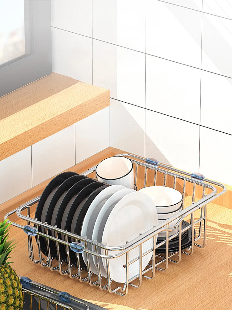 Égouttoir à Vaisselle Extensible Inox en acier inoxydable avec assiettes et bols pour cuisine organisée