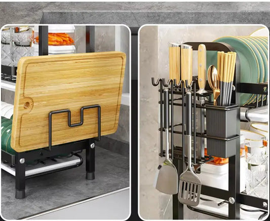 Égouttoir de Vasque Métallique – Compact & Inoxydable avec porte-couteaux et support de planche en bambou