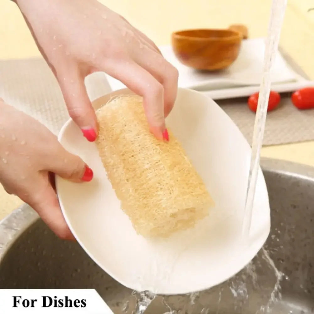 Éponge Loofah Naturelle – Écologique, Biodegradable utilisée pour laver une assiette blanche sous un robinet