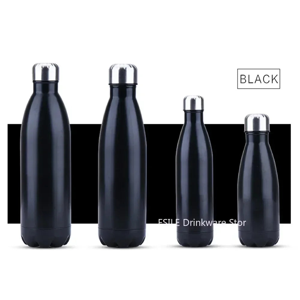 Bouteille Isotherme Inox – Gourde Sport Thermos Étanche noire en inox double paroi affichée en quatre tailles différentes
