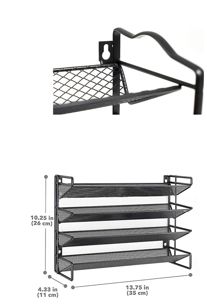 Étagère à Épices Murale 3/4 Niveaux – Design et Gain de Place en métal noir avec dimensions visibles