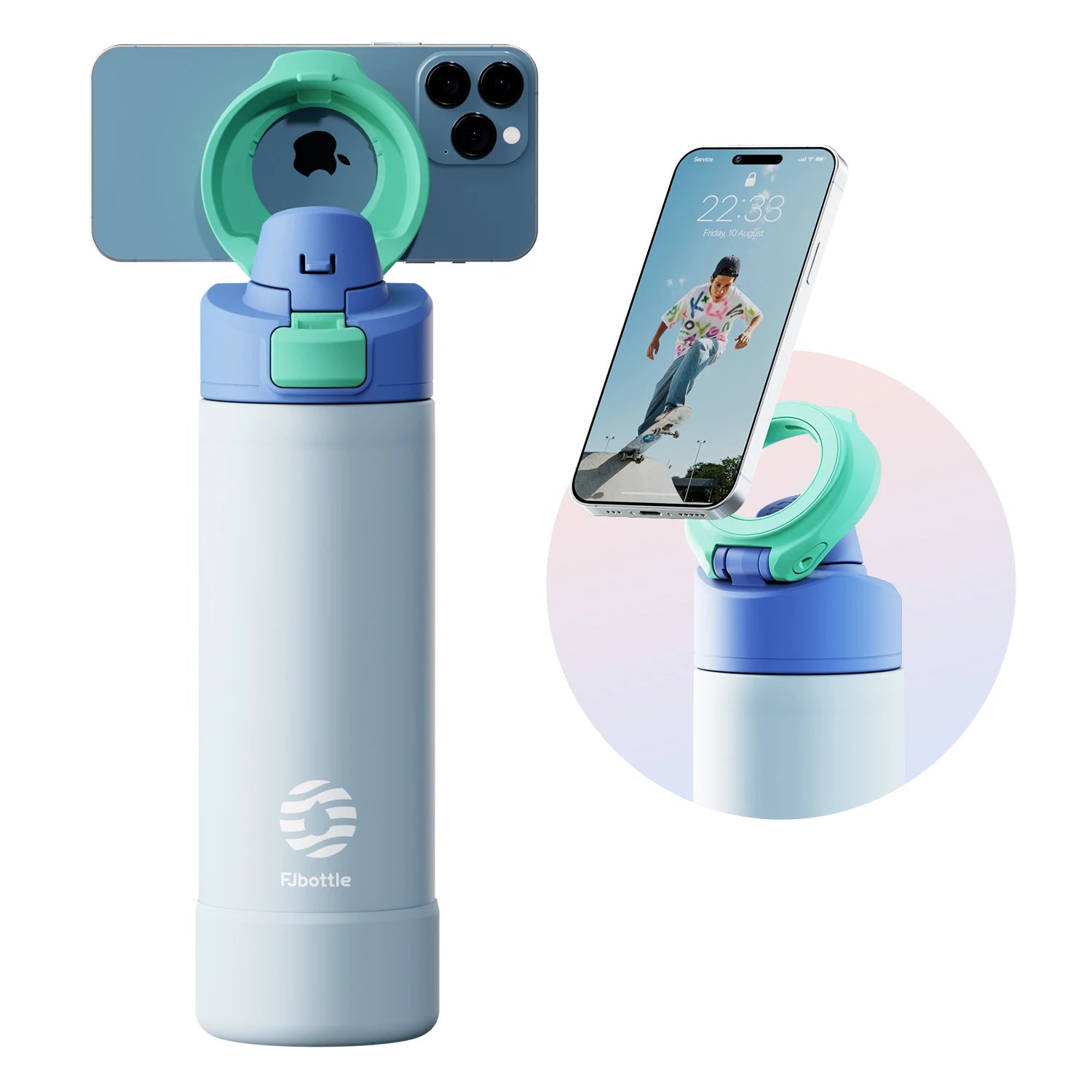 Thermos FEIJIAN 710/950ml –  Inox avec support téléphone. Bouteille isotherme bleu clair avec porte téléphone rotatif