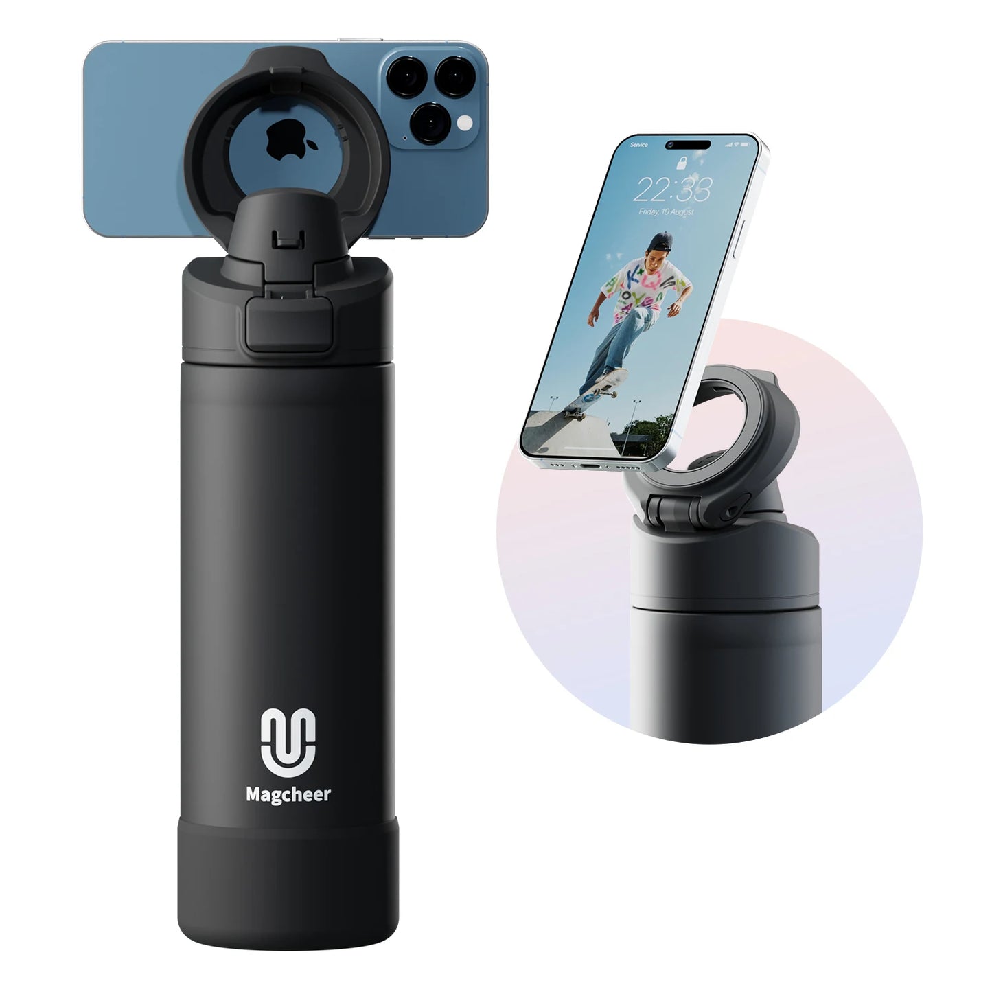 Thermos FEIJIAN 710/950ml – Inox avec support téléphone. Bouteille isotherme noire en inox avec support rotatif pour smartphone