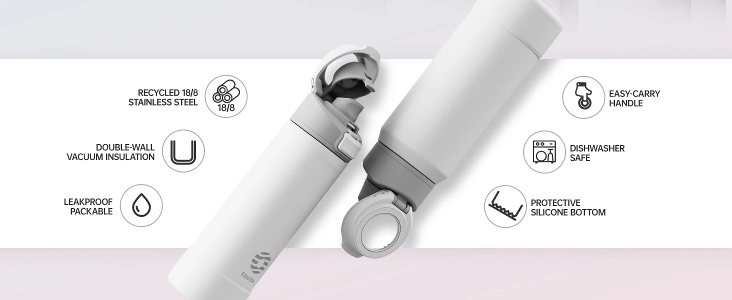 Thermos FEIJIAN 710/950ml –  Inox avec support téléphone. Bouteille isotherme blanche inox double paroi, bouchon hermétique.